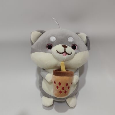 Peluche Shiba Inu Súper Suave y Esponjoso de 20cm Abrazando una Taza de Té de Burbujas