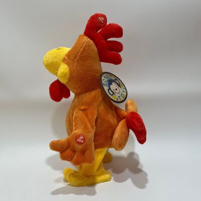 Peluche de pollo amarillo de pelo largo con cuello que tira, cacarea, canta y baila, muñeco de gallo divertido, juguete interactivo para aliviar el estrés