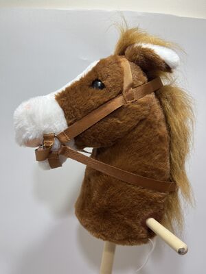 Brown Pony Stick Plush Toy Kids Riding Wooden Stick Horse Realistic Riding Interactive Toy with Reins