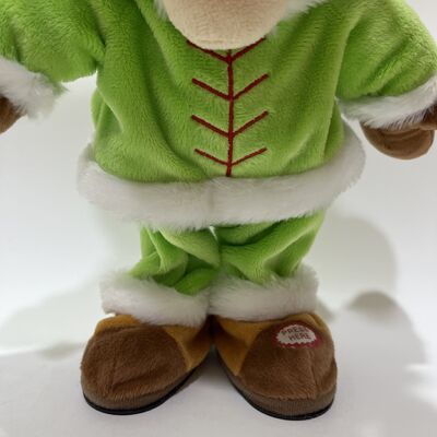 Christmas Musical Swinging Reindeer Plush Toy Head Shaking Wobbling Mechanism Green Elf Outfit Red-Nosed Reindeer